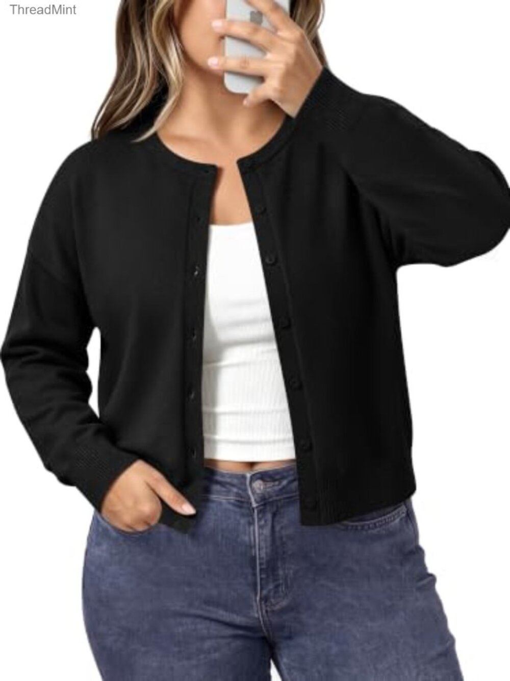Plus Size Cropped Cardigan Lightweight Knit Button Crew Neck Women's Sweater